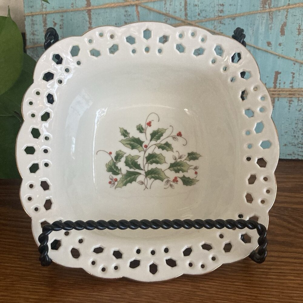 Pierced Square Christmas Bowl Candy Dish Holly Holiday ROYAL LIMITED Gold Trim